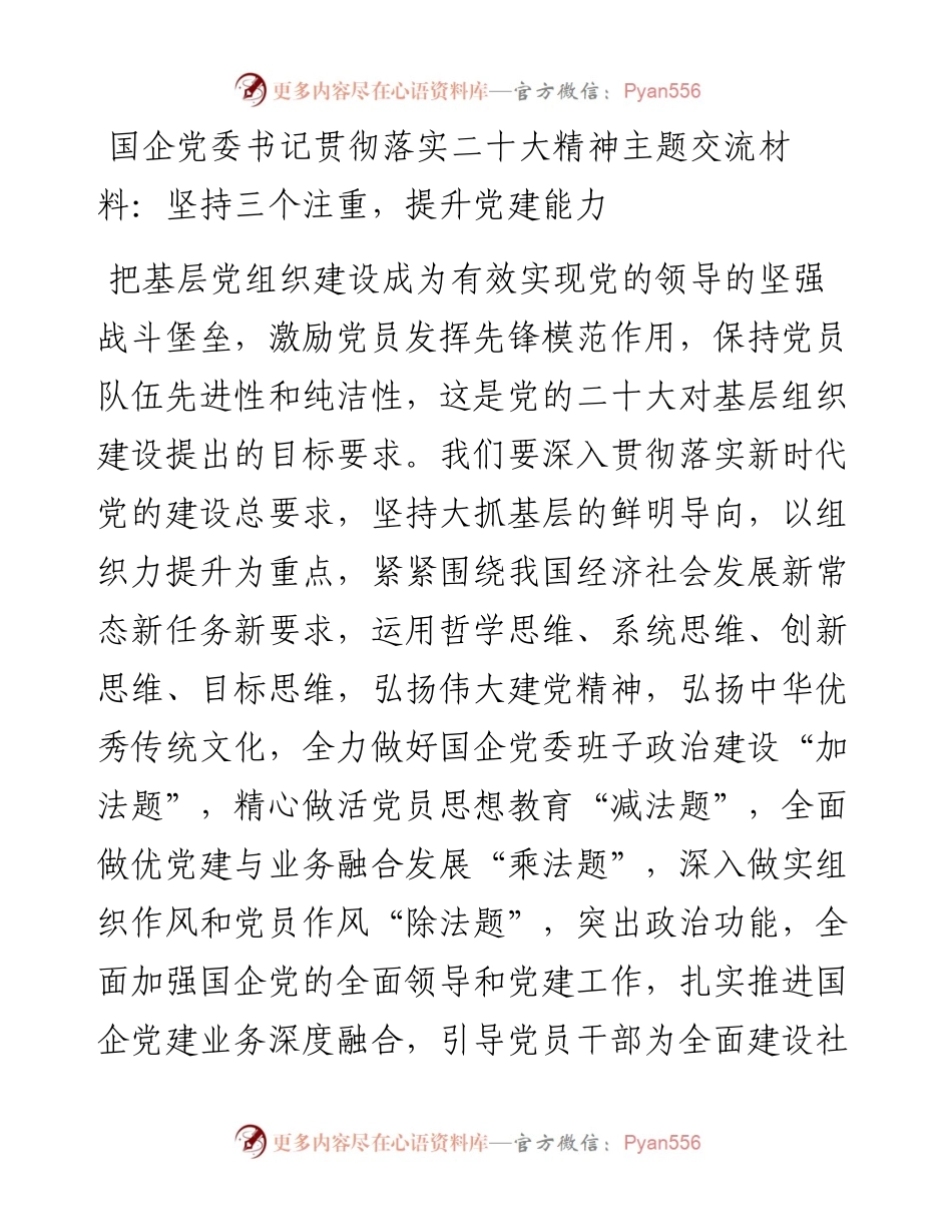 国企党委书记贯彻落实二十大精神主题交流材料：坚持三个注重，提升党建能力.docx_第1页