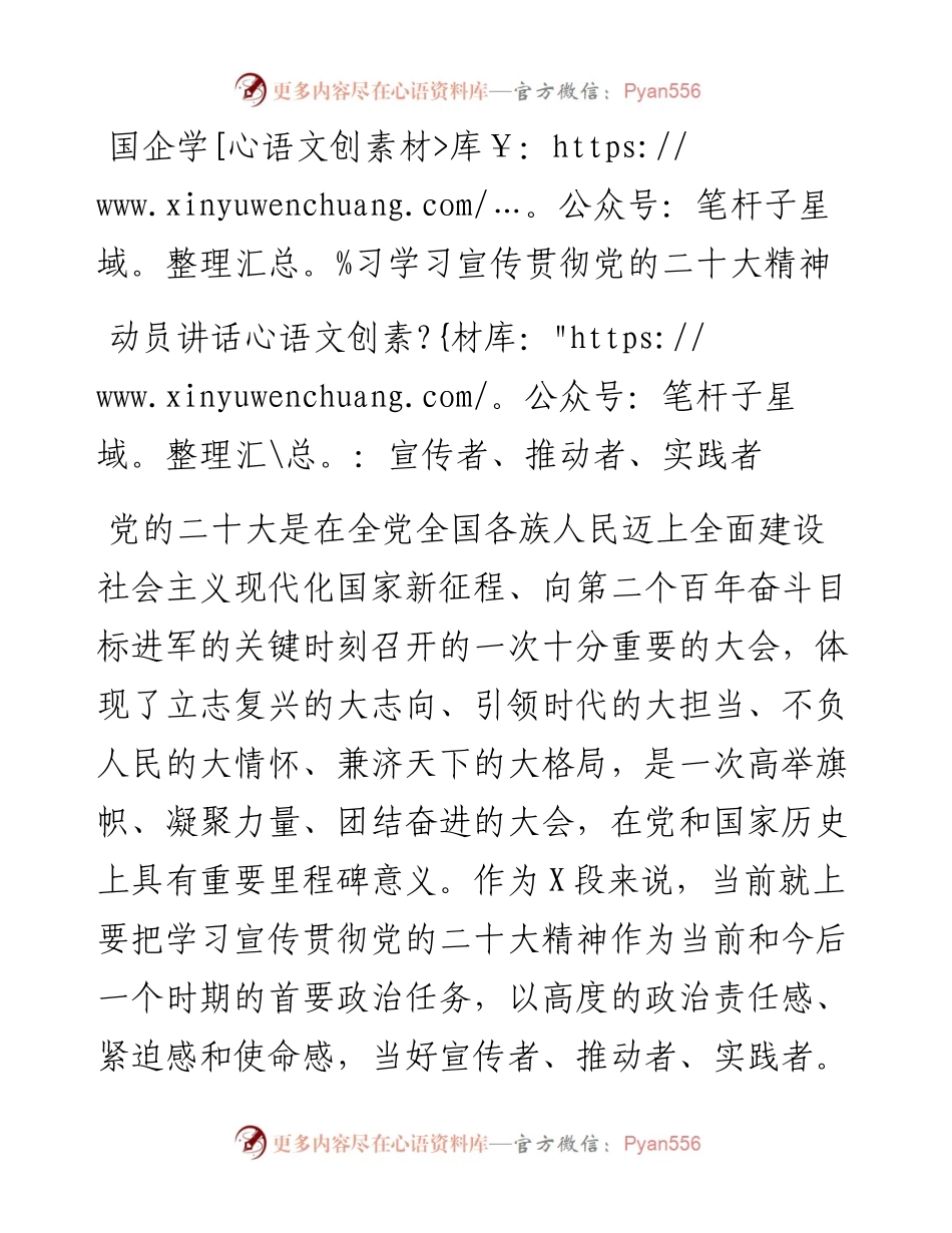 国企学习学习宣传贯彻党的二十大精神动员讲话：宣传者、推动者、实践者.docx_第1页