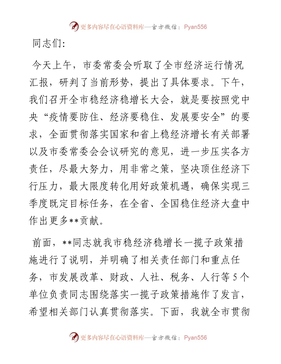在全市稳经济稳增长大会暨经济形势分析研判会议上的讲话.docx_第1页
