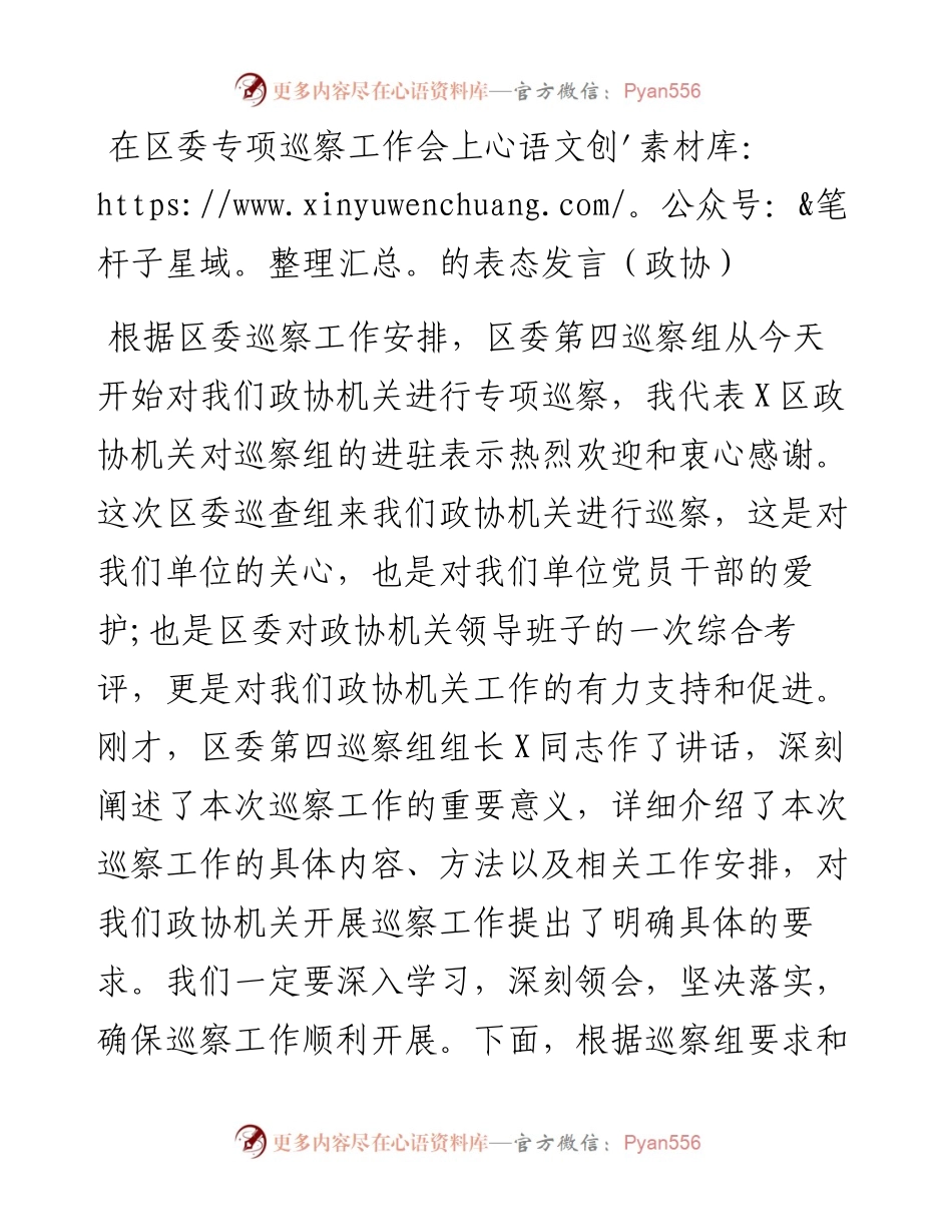在区委专项巡察工作会上的表态发言（政协）.docx_第1页