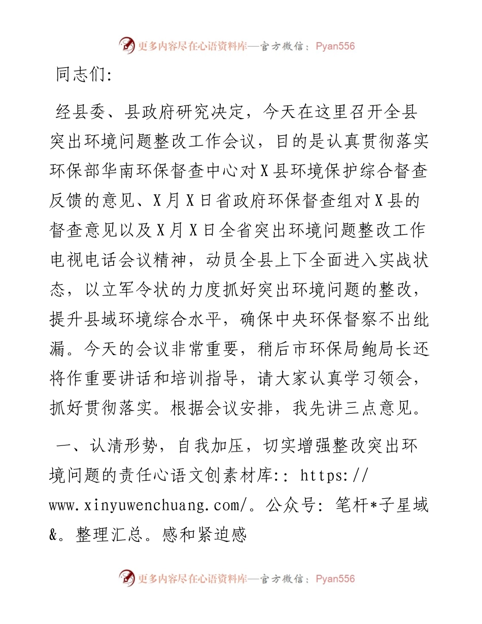 县长在全县突出环境问题整改工作会议上的讲话.docx_第1页