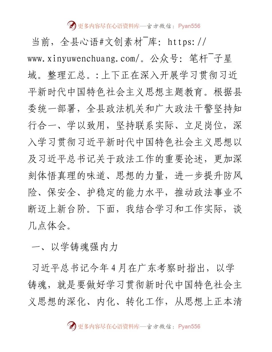 县政法委书记在县委理论中心组主题教育读书研讨会上的发言提纲.docx_第1页