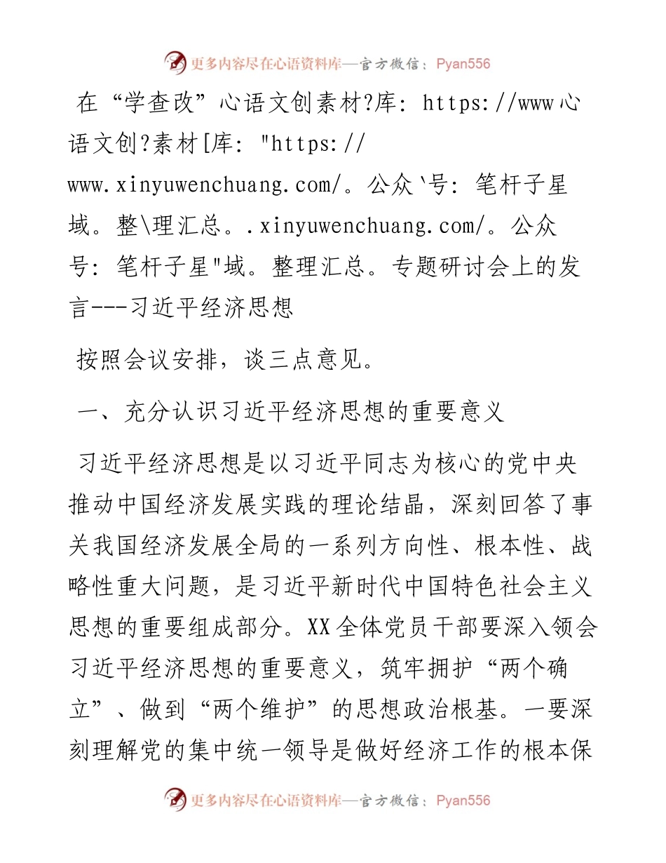在“学查改”专题研讨会上的发言---习近平经济思想.docx_第1页
