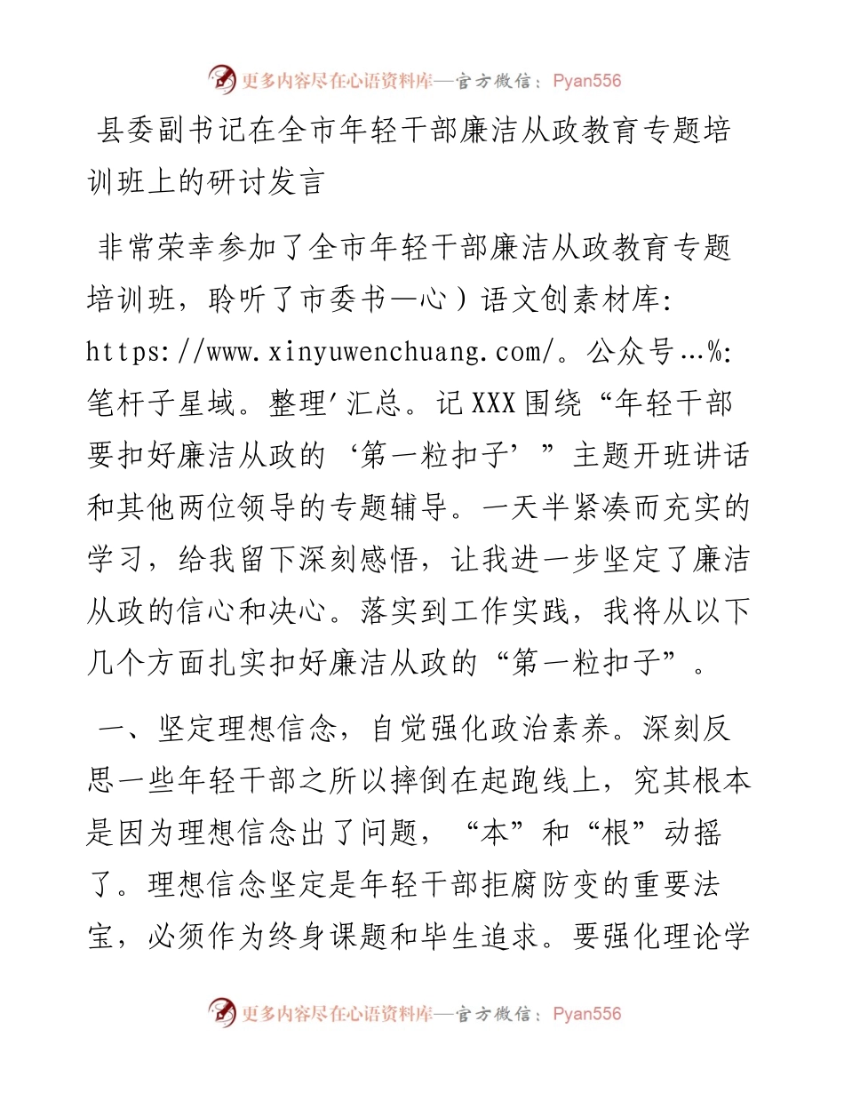 县委副书记在全市年轻干部廉洁从政教育专题培训班上的研讨发言.docx_第1页