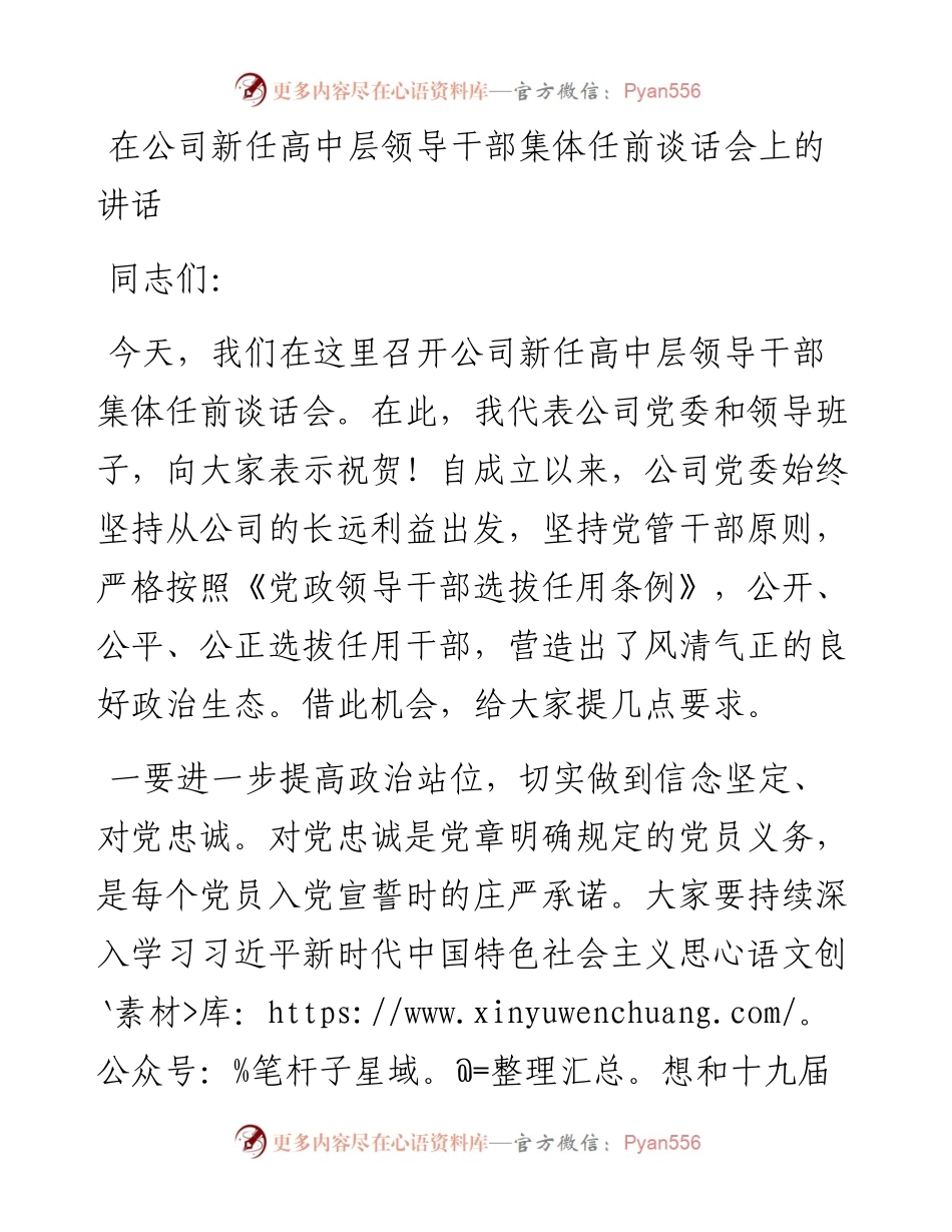 在公司新任领导干部任前谈话会上的讲话.docx_第1页