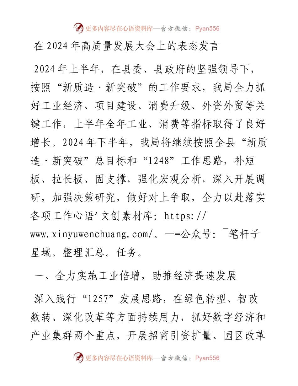 在2024年高质量发展大会上的表态发言.docx_第1页