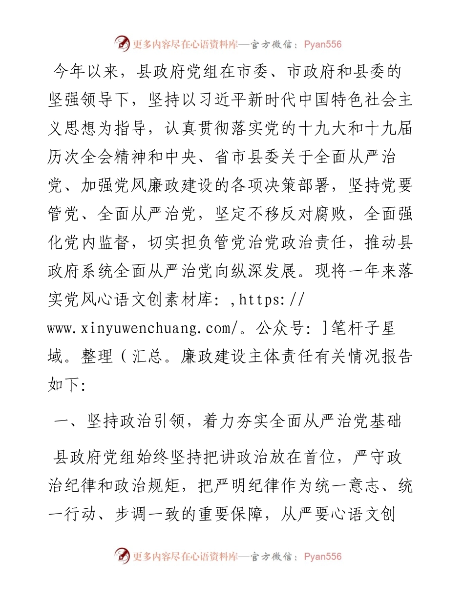 县政府党风廉政建设主体责任落实情况的自查报告.docx_第1页