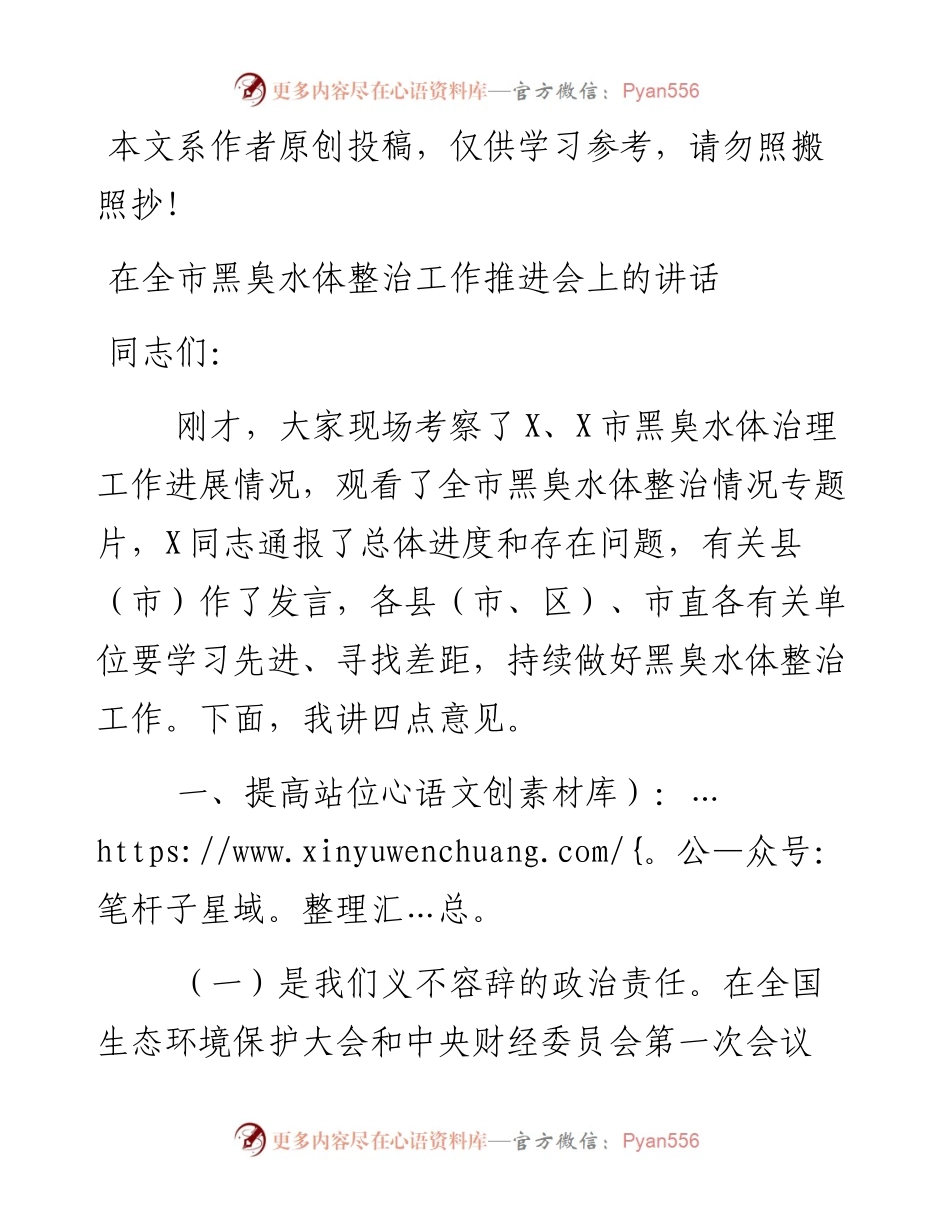 在全市黑臭水体整治工作推进会上的讲话.docx_第1页