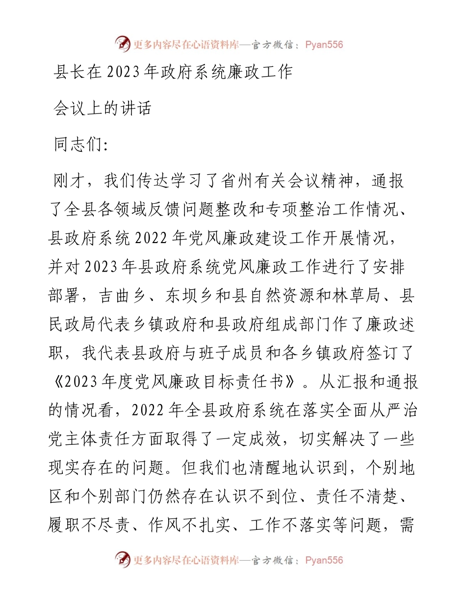 县长在2023年政府系统廉政工作会议上的讲话.docx_第1页