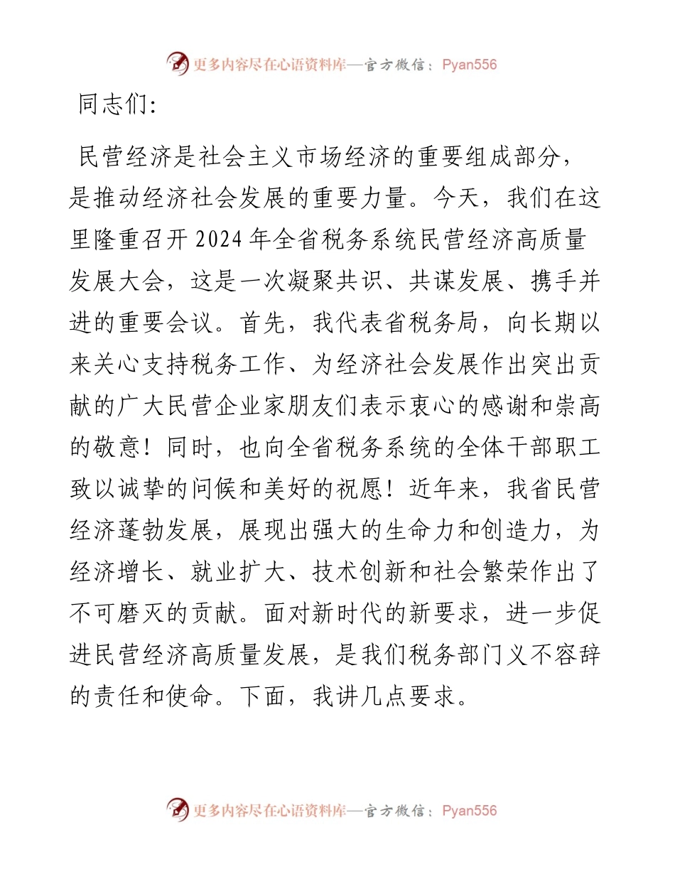 在2024年全省税务系统助力民营经济高质量发展大会上的讲话.docx_第1页
