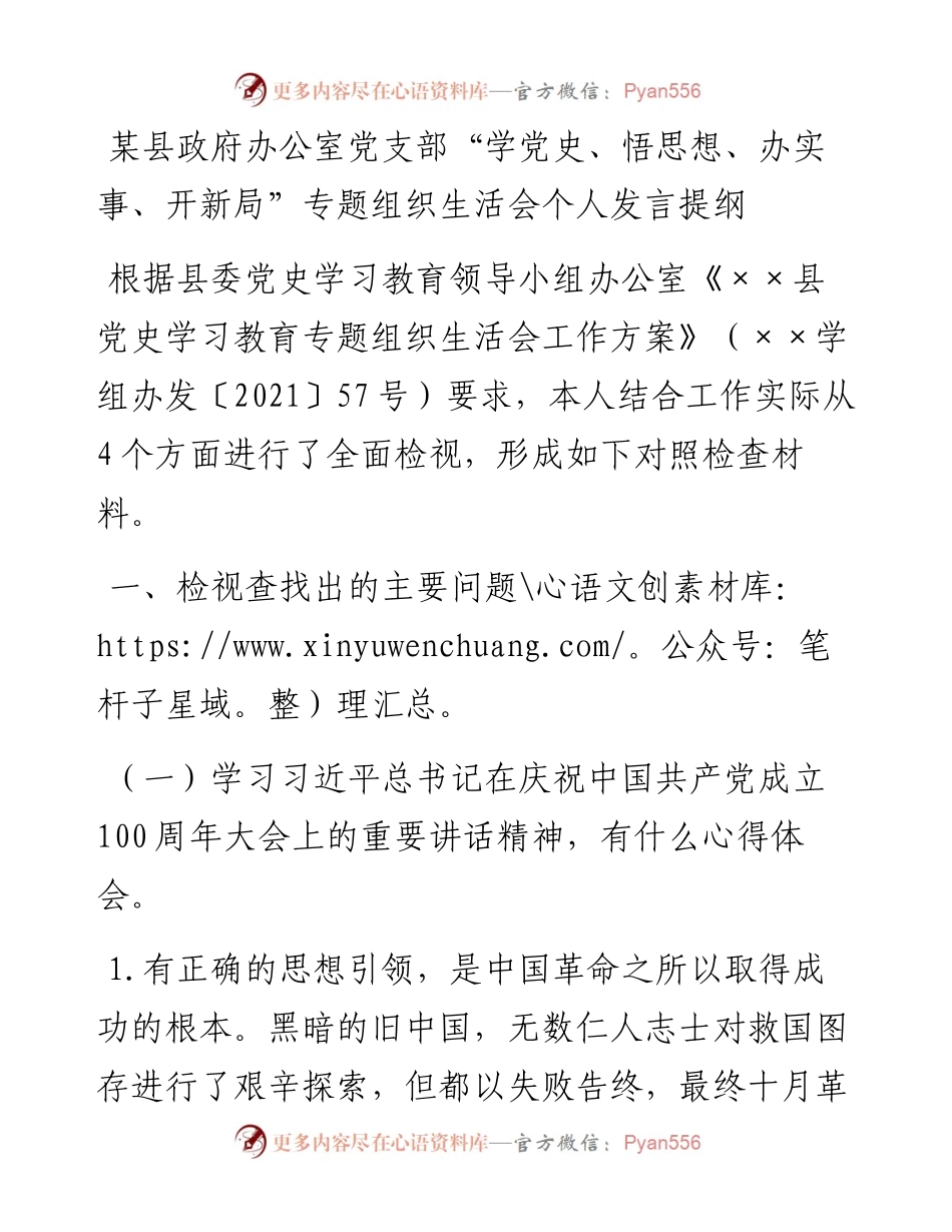 县政府办公室党支部“学党史、悟思想、办实事、开新局”专题组织生活会个人发言提纲.docx_第1页