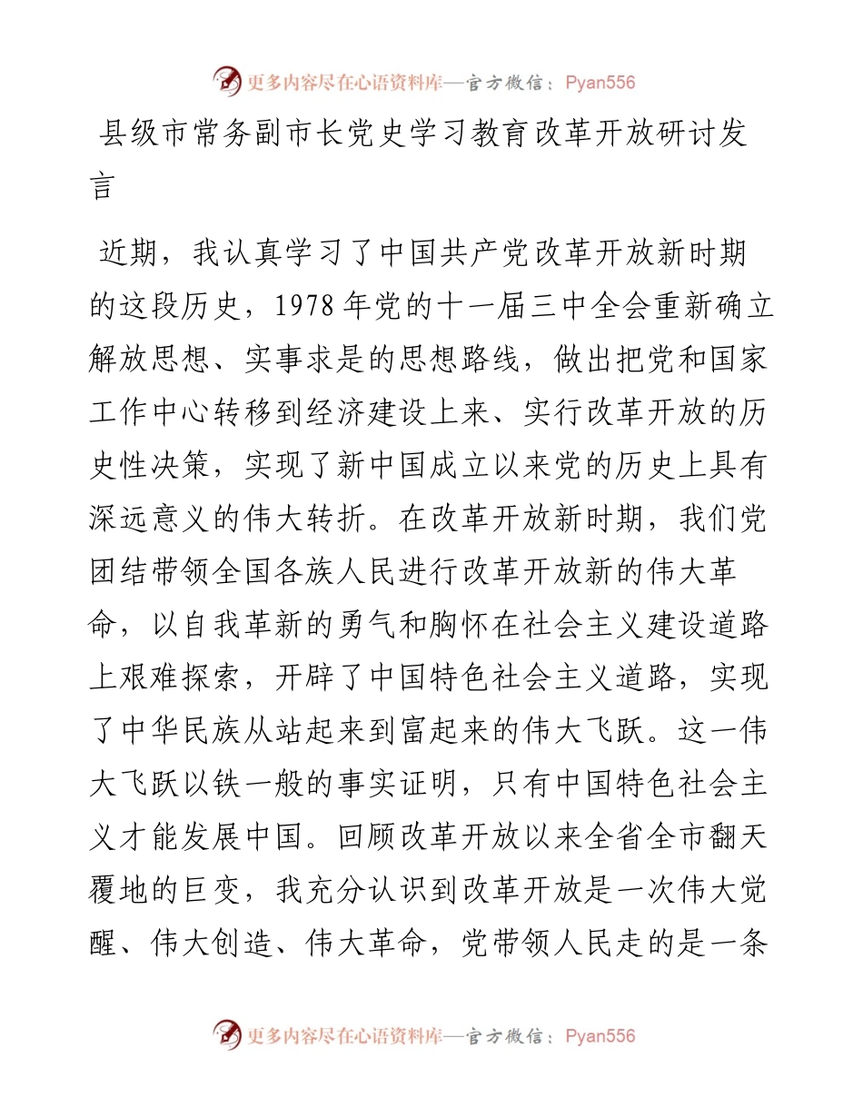 县级市常务副市长党史学习教育改革开放研讨发言.docx_第1页