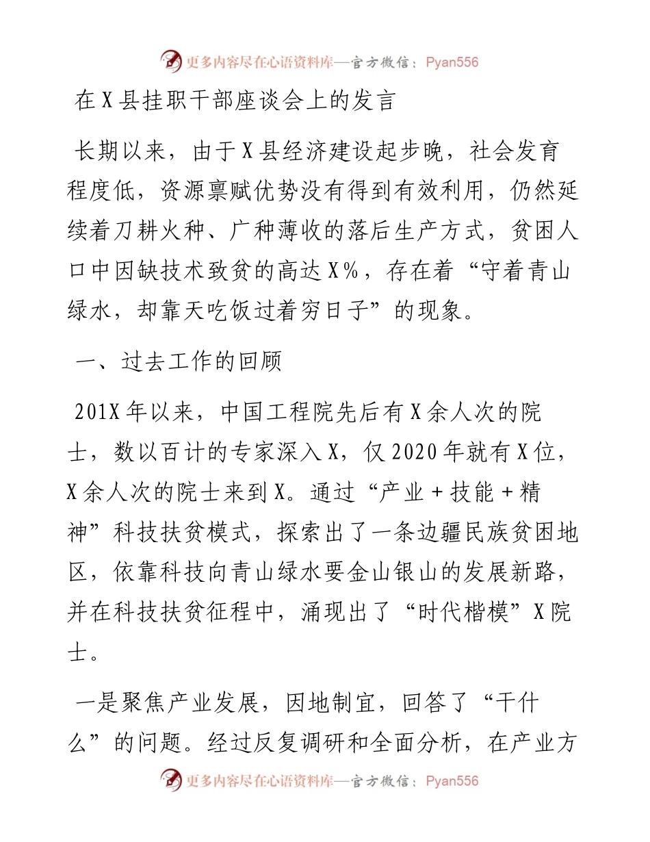 在X县挂职干部座谈会上的发言.docx_第1页