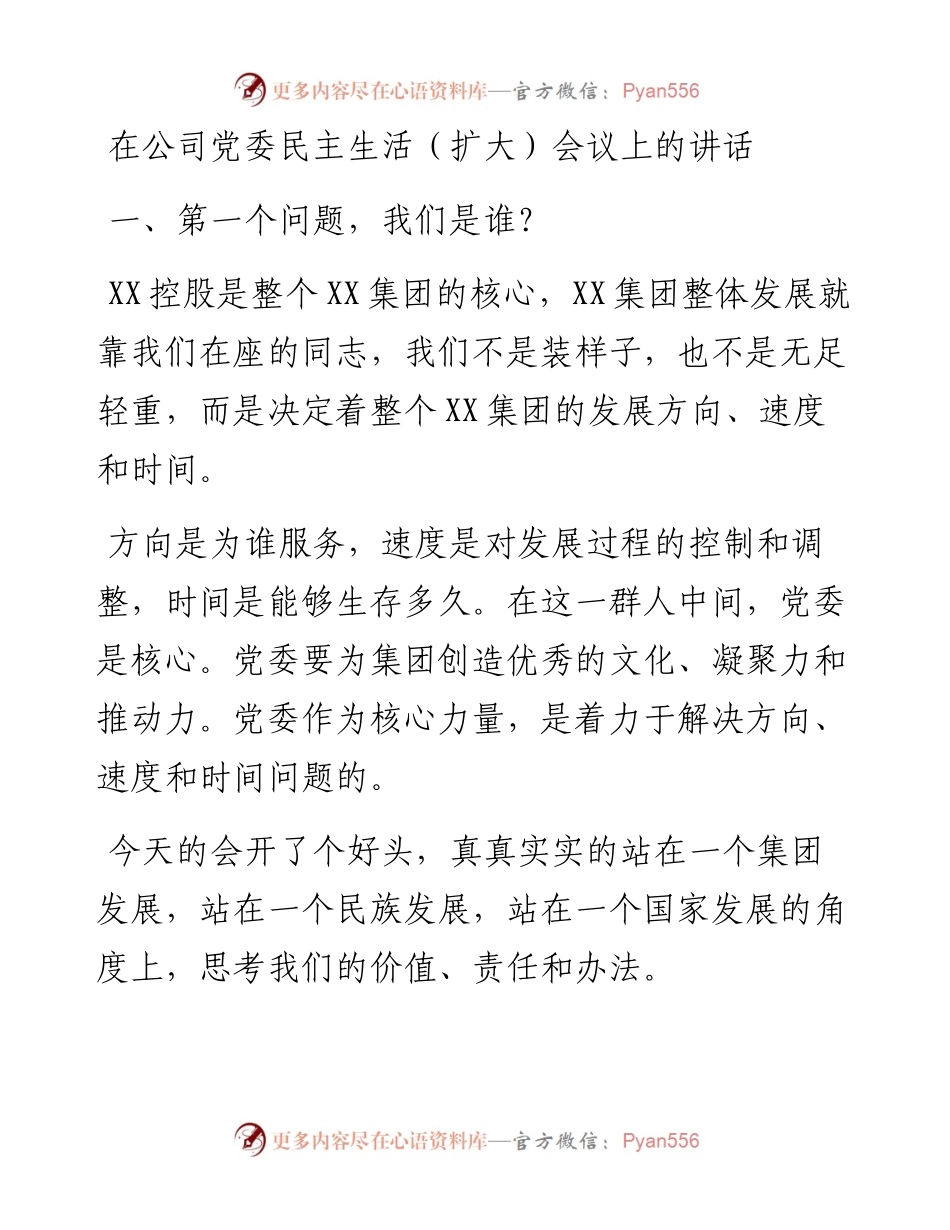 在公司党委民主生活（扩大）会议上的讲话.docx_第1页