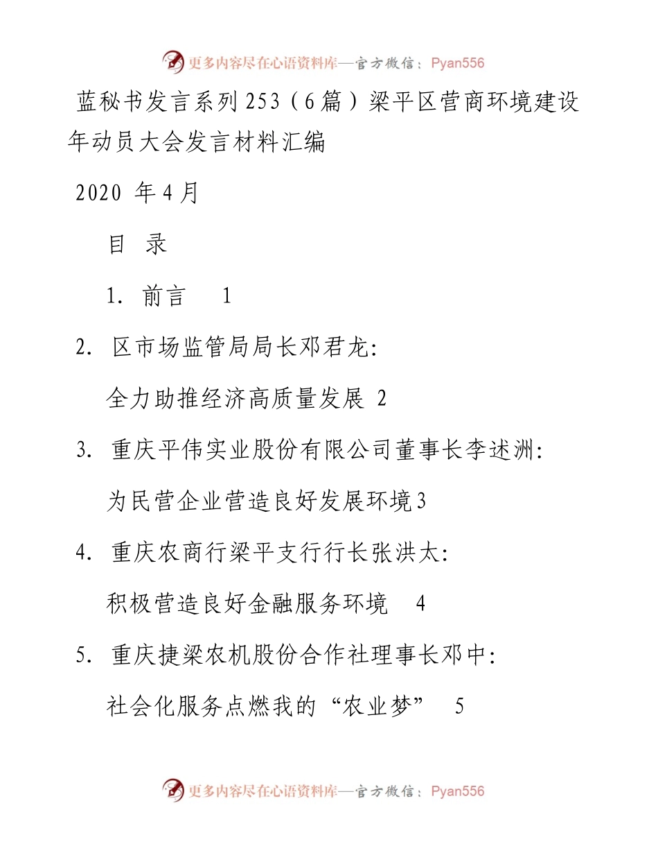 发言系列253（6篇）梁平区营商环境建设年动员大会发言材料汇编.docx_第1页