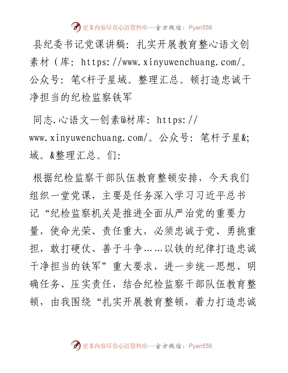县纪委书记党课讲稿：扎实开展教育整顿打造忠诚干净担当的纪检监察铁军.docx_第1页
