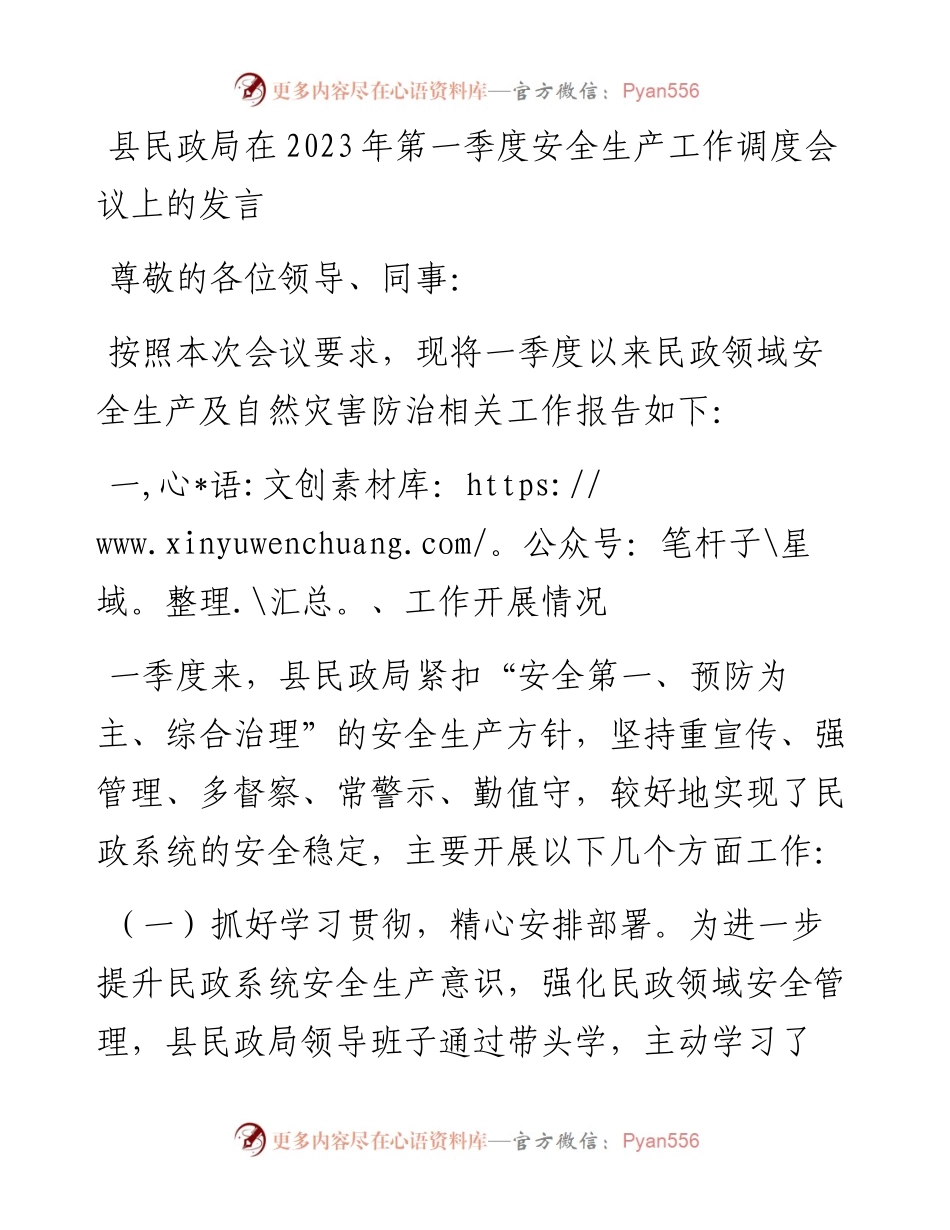 县民政局在2023年第一季度安全生产工作调度会议上的交流发言.docx_第1页