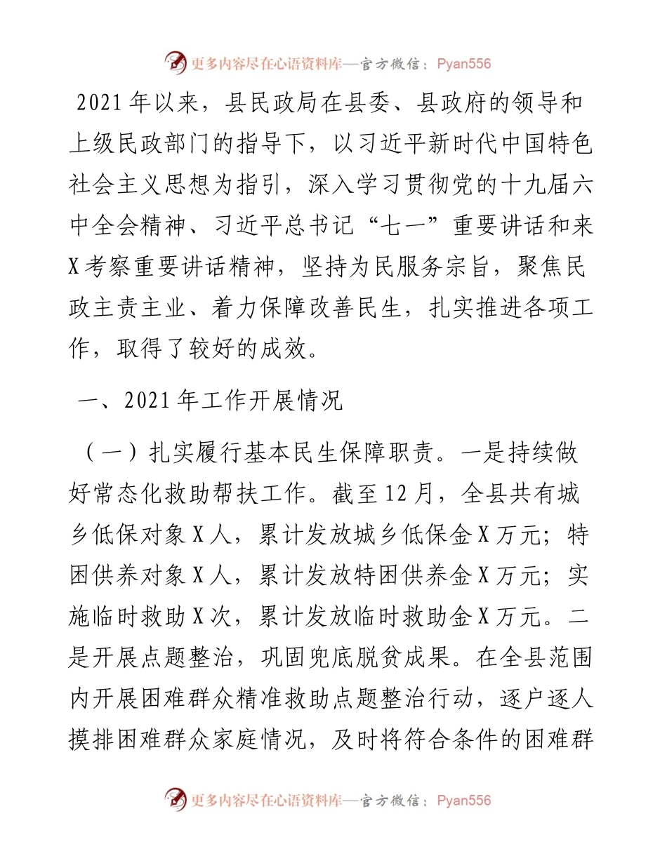县民政局工作总结及工作计划.docx_第1页