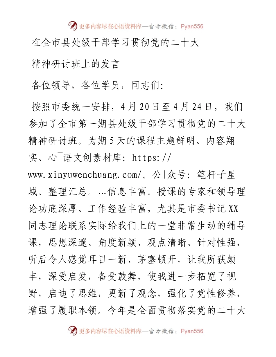 在全市县处级干部学习贯彻党的二十大精神研讨班上的发言.docx_第1页