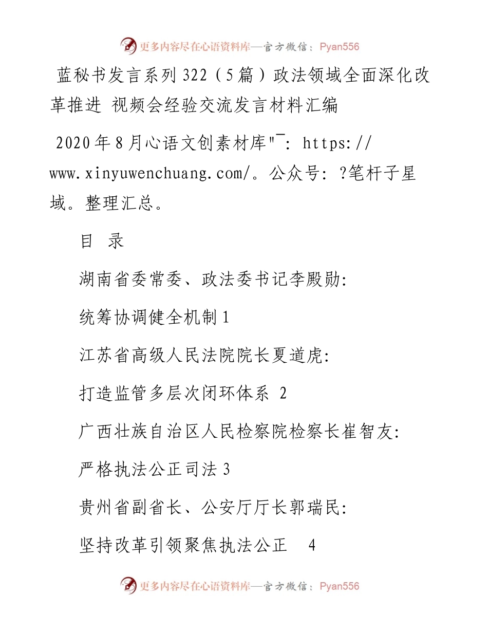 发言系列322（5篇）政法领域全面深化改革推进 视频会经验交流发言材料汇编.docx_第1页