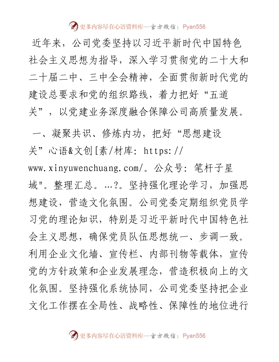在以高质量党建推动高质量发展工作工作会议上的交流发言：把好“五道关”，以党建业务深度融合保障公司高质量发展.docx_第1页