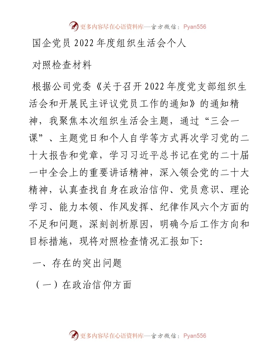 国企党员度组织生活会个人对照检查材料.docx_第1页