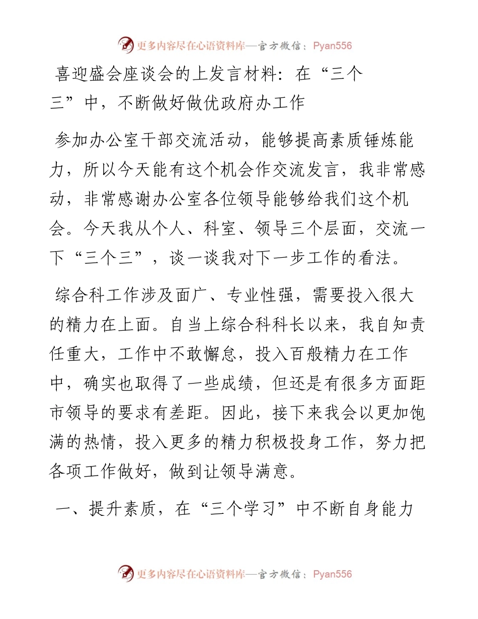 喜迎二十大盛会座谈会的上发言材料：在“三个三”中，不断做好做优政府办工作.docx_第1页