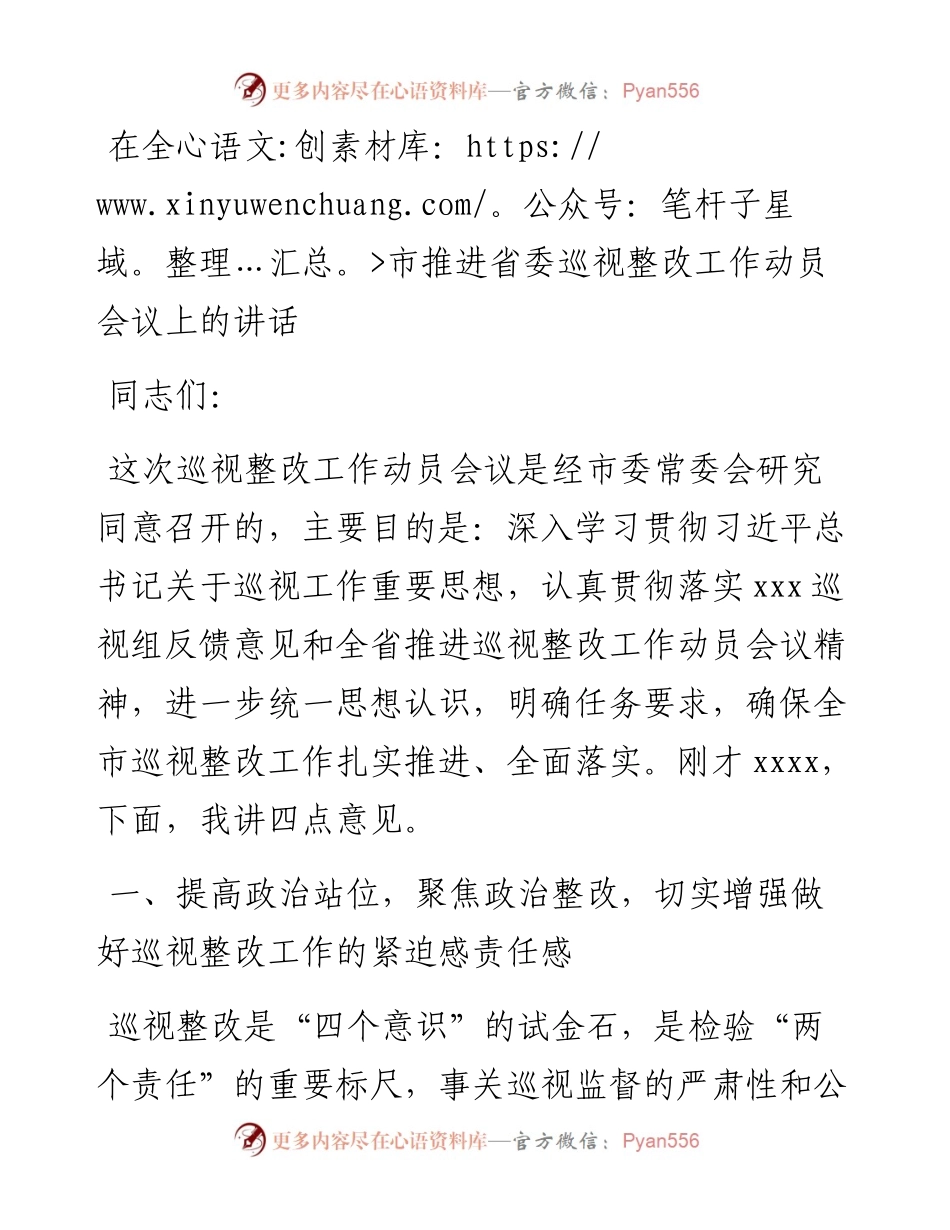 在全市推进省委巡视整改工作动员会议上的讲话.docx_第1页