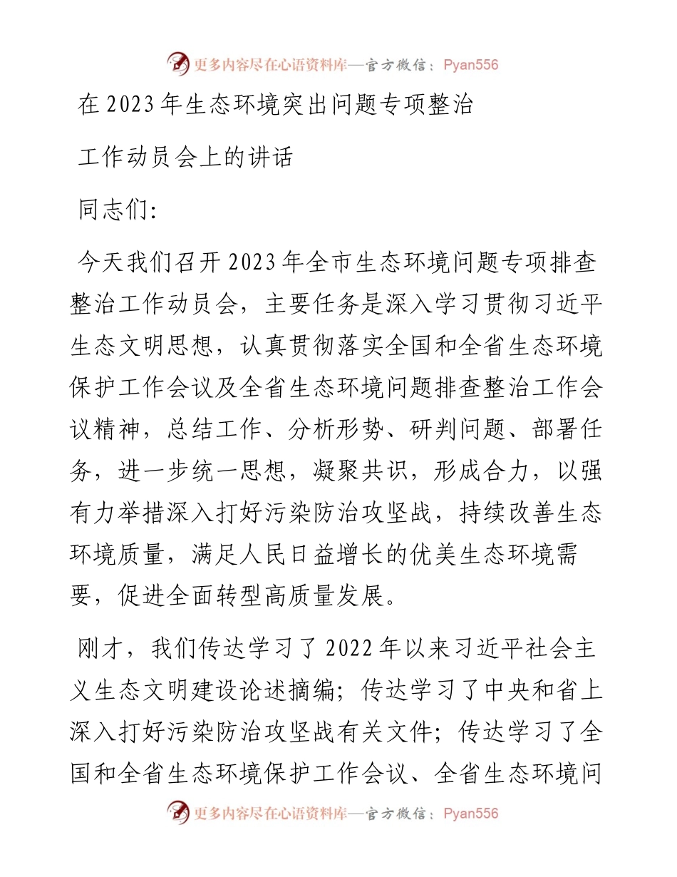 在2023年生态环境突出问题专项整治工作动员会上的讲话.docx_第1页