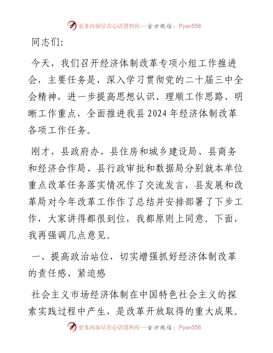在全县经济体制改革专项小组工作推进会上的讲话.docx_第1页