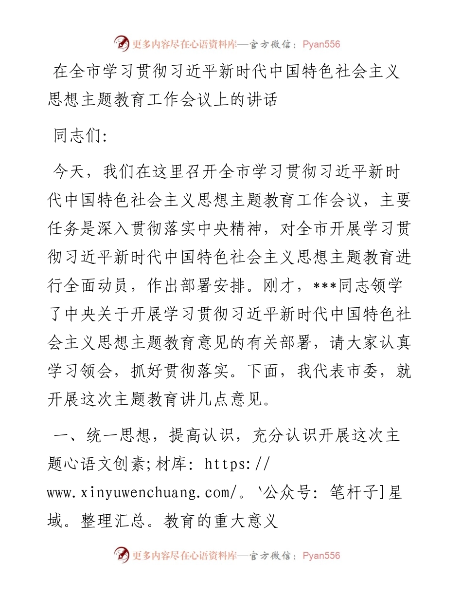 在全市学习贯彻新时代中国特色社会主义思想主题教育工作会议上的讲话.docx_第1页