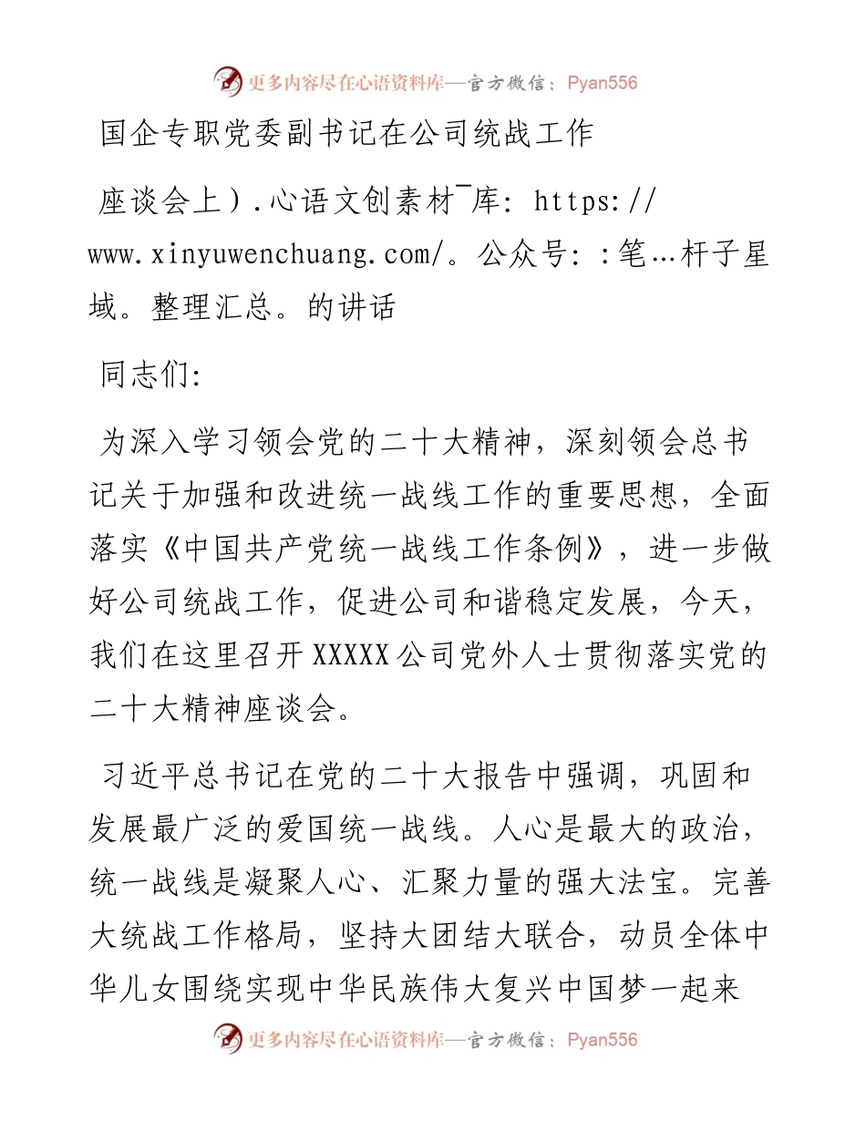 国企专职党委副书记在公司统战工作座谈会上的讲话.docx_第1页