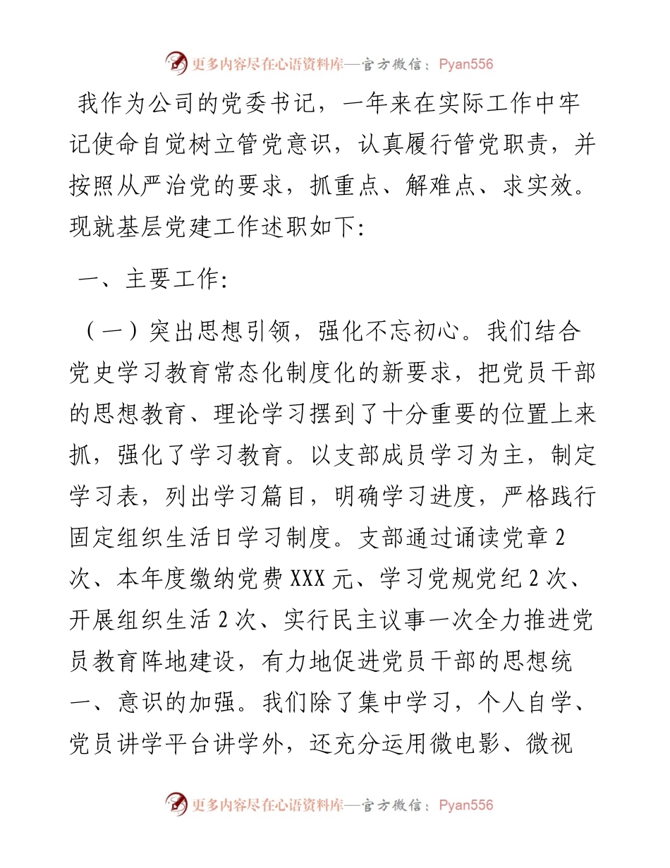 商贸公司党组织支部书记抓基层党建工作述职报告.docx_第1页