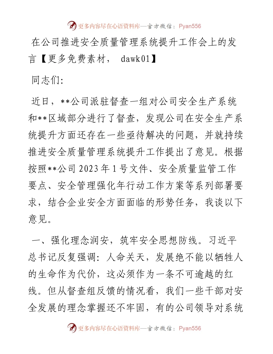 在公司推进安全质量管理系统提升工作会上的发言.docx_第1页