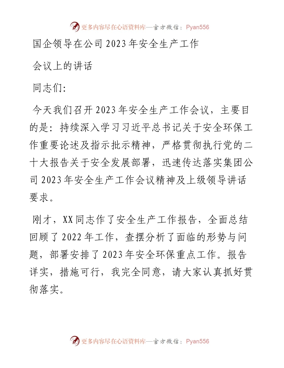 国企领导在公司2023年安全生产工作会议上的讲话.docx_第1页