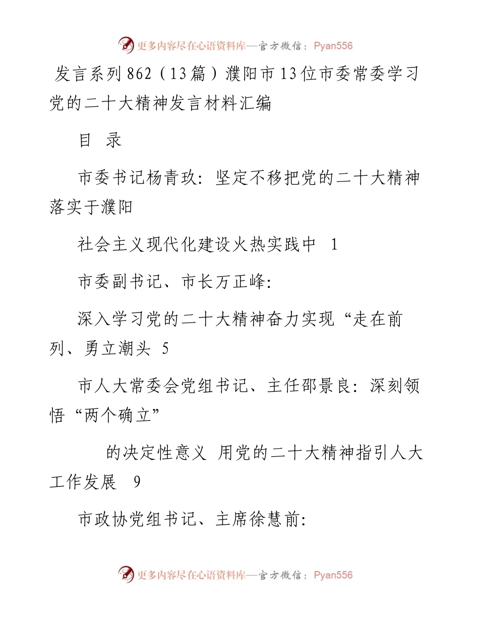 发言系列862（13篇）濮阳市13位市委常委学习党的二十大精神发言材料汇编.docx_第1页
