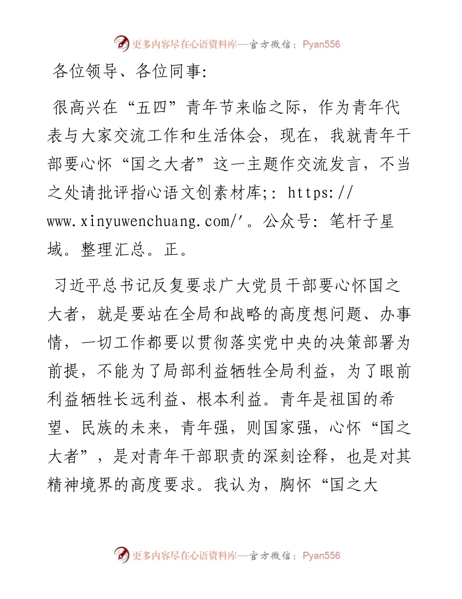 在五四青年座谈会上的交流发言：青年干部要心怀“国之大者”.docx_第1页