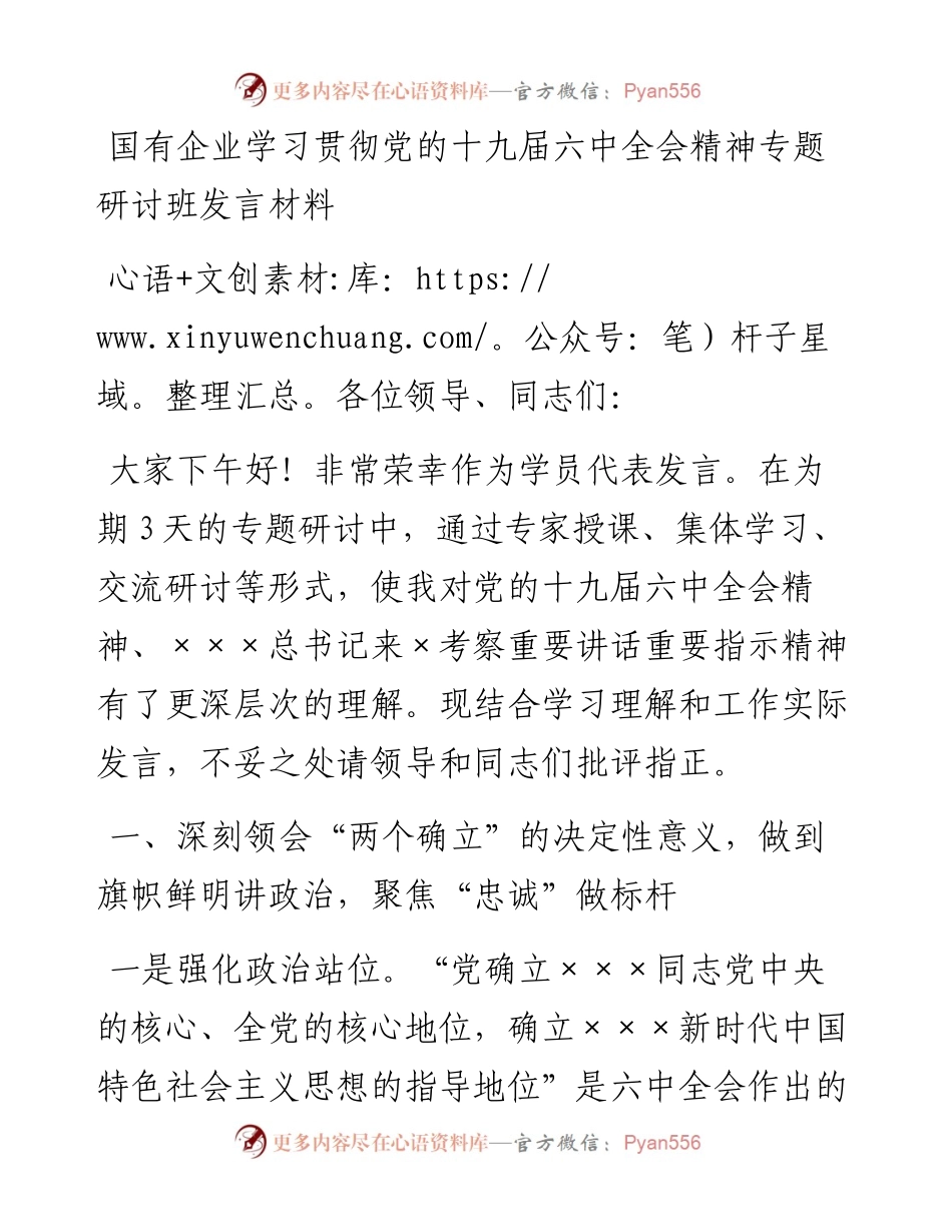 国有企业学习贯彻党的十九届六中全会精神专题研讨班发言材料.docx_第1页