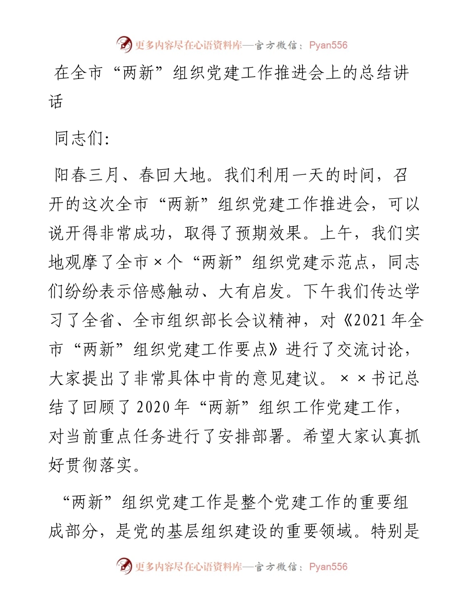 在全市“两新”组织党建工作推进会上的总结讲话.docx_第1页