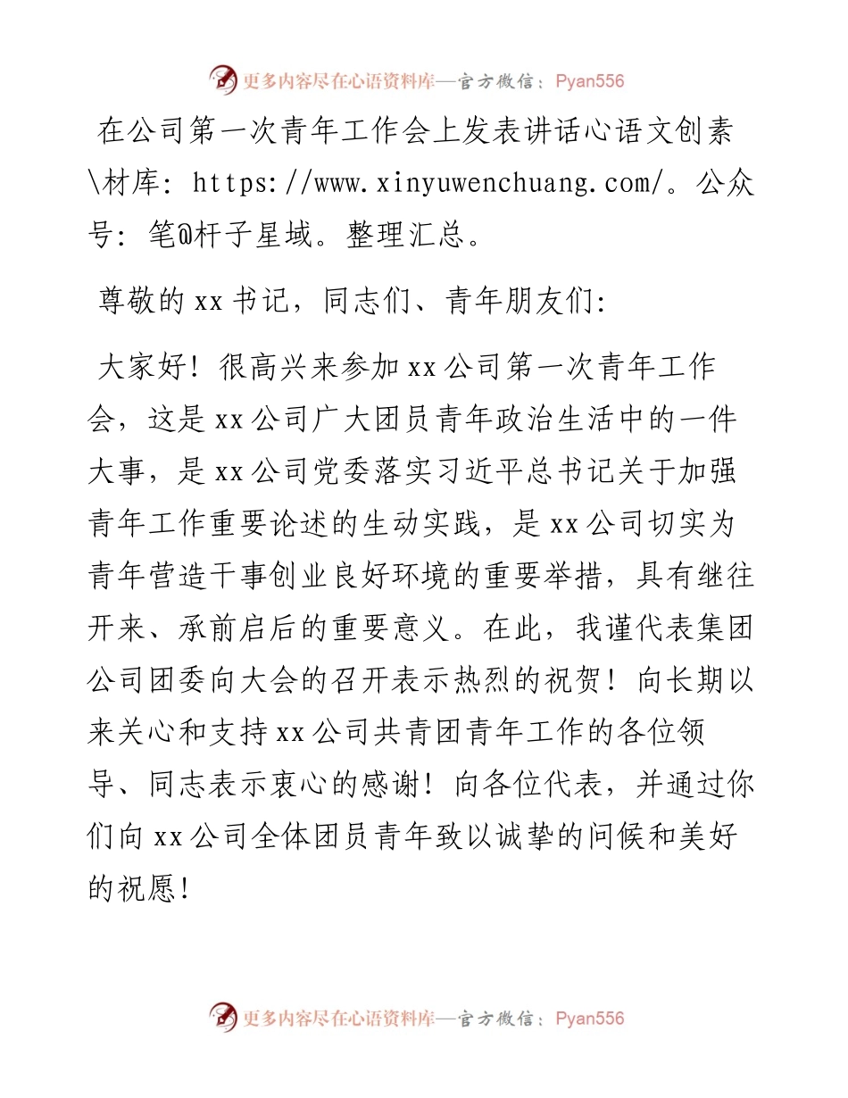 在公司第一次青年工作会上发表讲话.docx_第1页