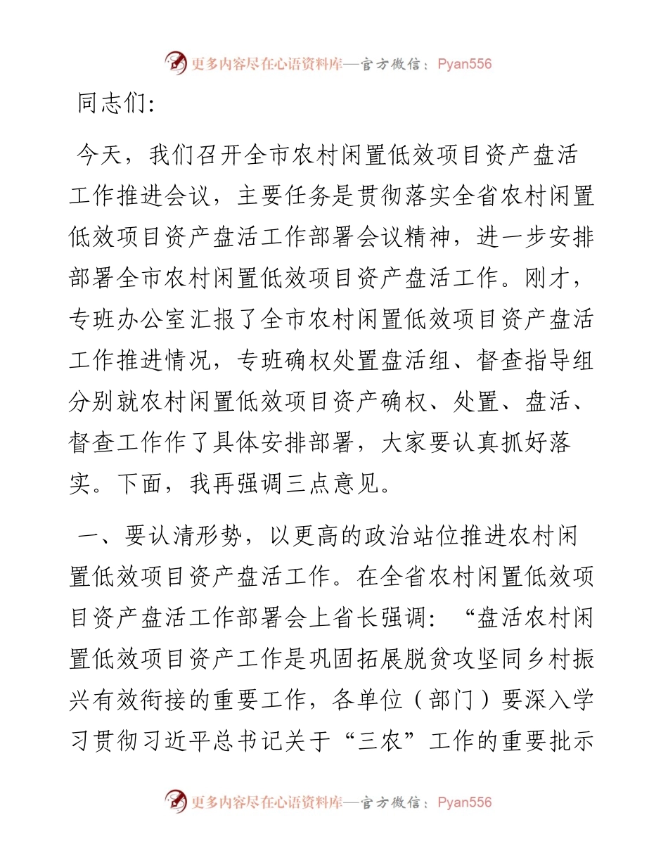 在全市农村闲置低效项目资产盘活工作推进会上的讲话提纲.docx_第1页