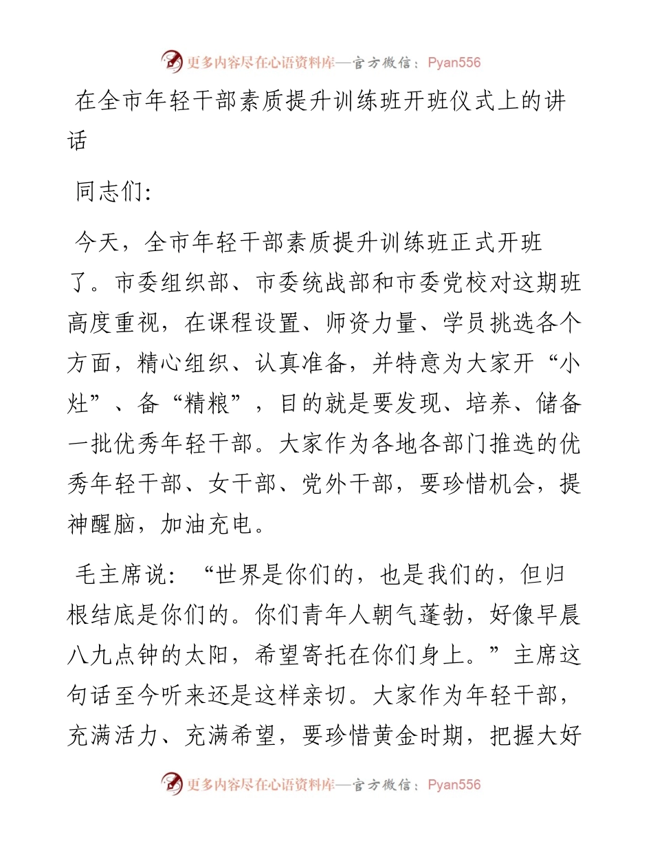 在全市年轻干部素质提升训练班开班仪式上的讲话_4.docx_第1页