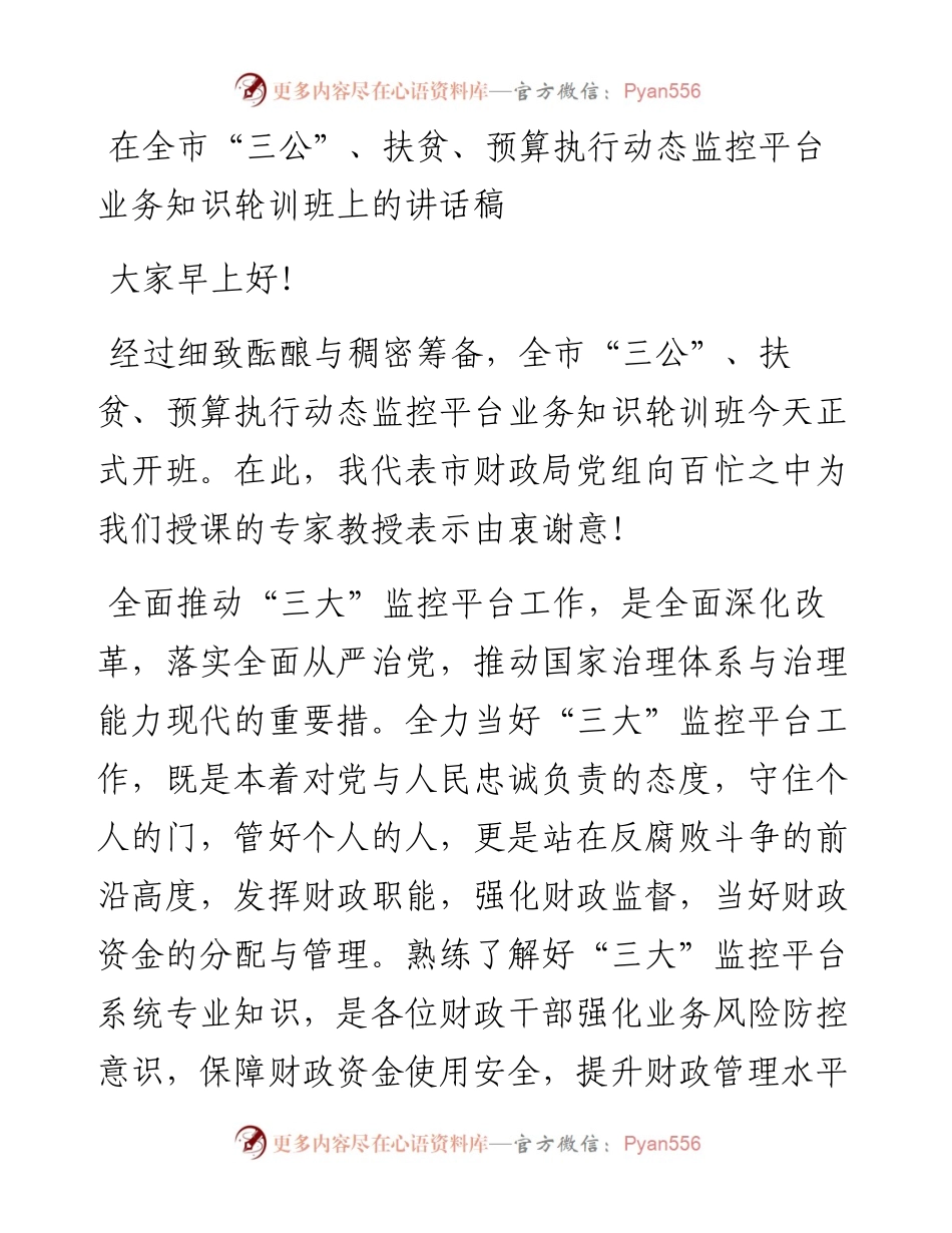 在全市“三公”、扶贫、预算执行动态监控平台业务知识轮训班上的讲话稿.docx_第1页