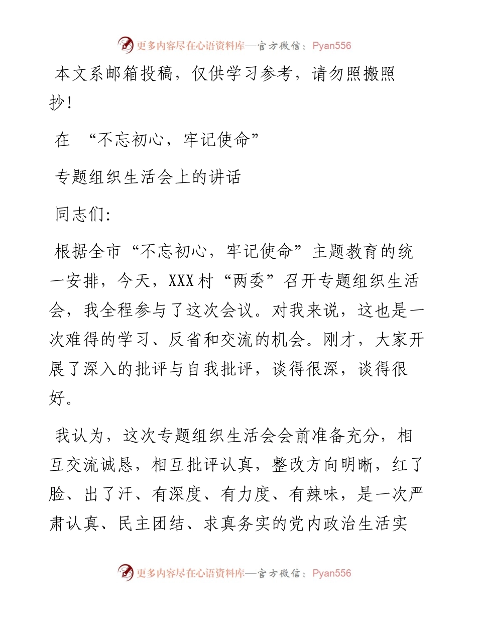 在“不忘初心，牢记使命”专题组织生活会上的讲话（范文）.docx_第1页