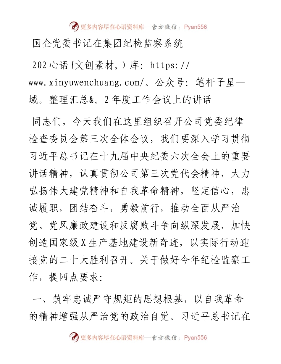 国企党委书记在集团纪检监察系统度工作会议上的讲话.docx_第1页