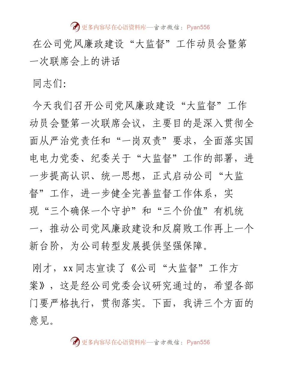 在公司党风廉政建设“大监督”工作动员会暨第一次联席会上的讲话.docx_第1页
