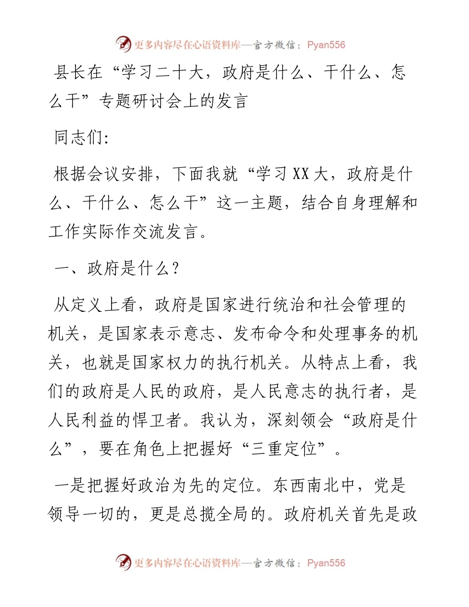 县长在“学习二十大，政府是什么、干什么、怎么干”专题研讨会上的发言.docx_第1页