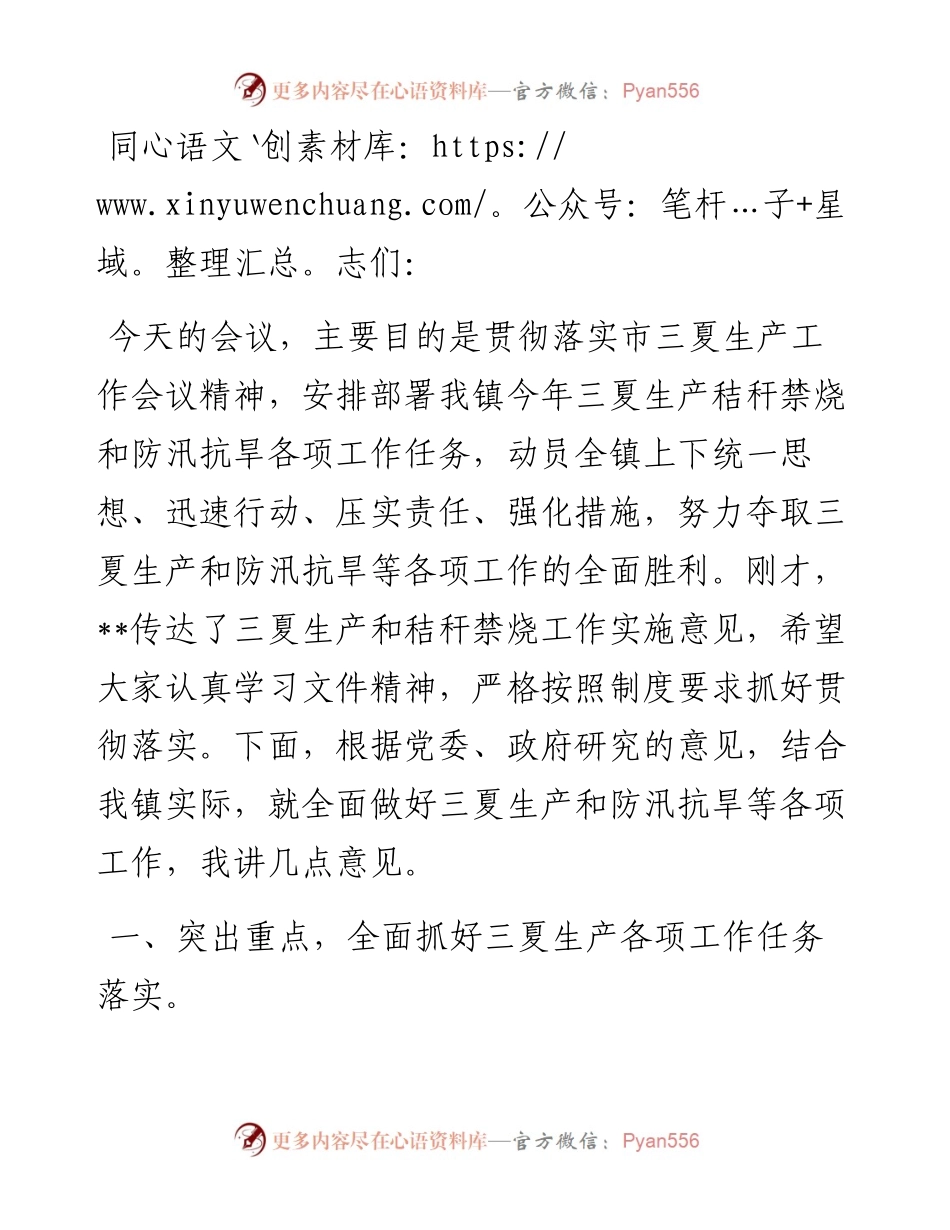 在全镇三夏生产、秸秆禁烧暨防汛抗旱工作会议上的讲话.docx_第1页