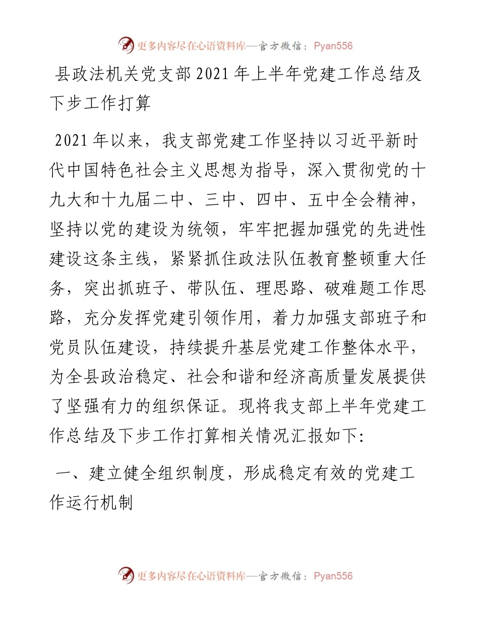 县政法机关党支部上半年党建工作总结及下步工作打算.docx_第1页