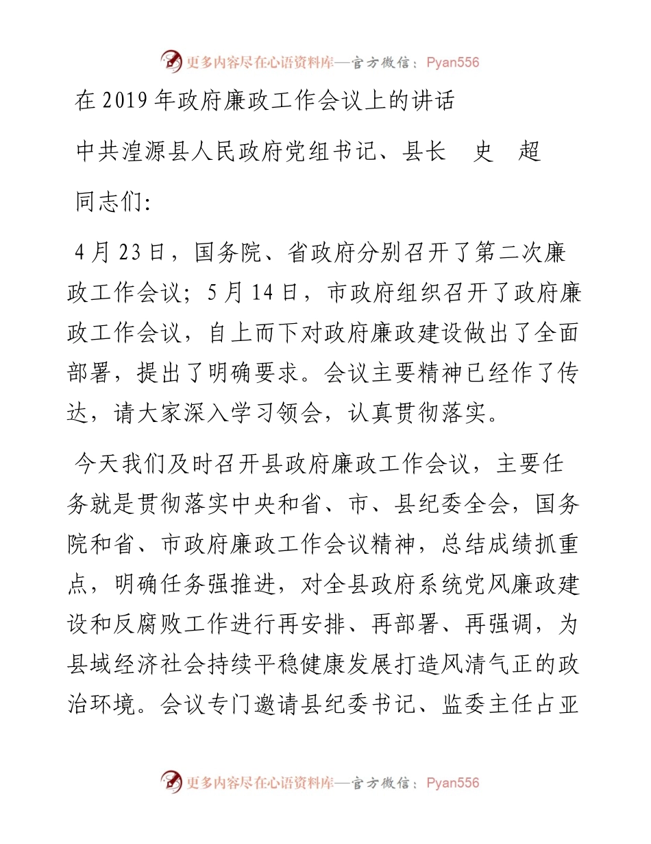 史 超：在政府廉政工作会议上的讲话.docx_第1页